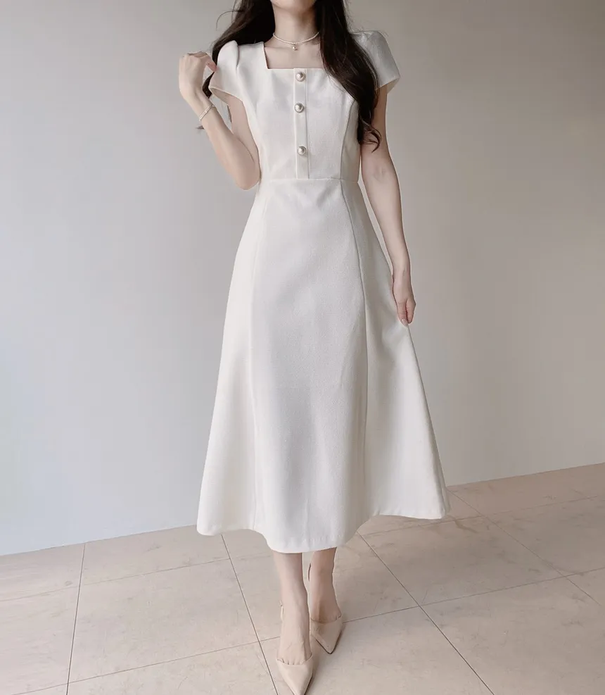 パール調ボタンパフスリーブロング半袖フレアワンピース | mirangmirang | 詳細画像11