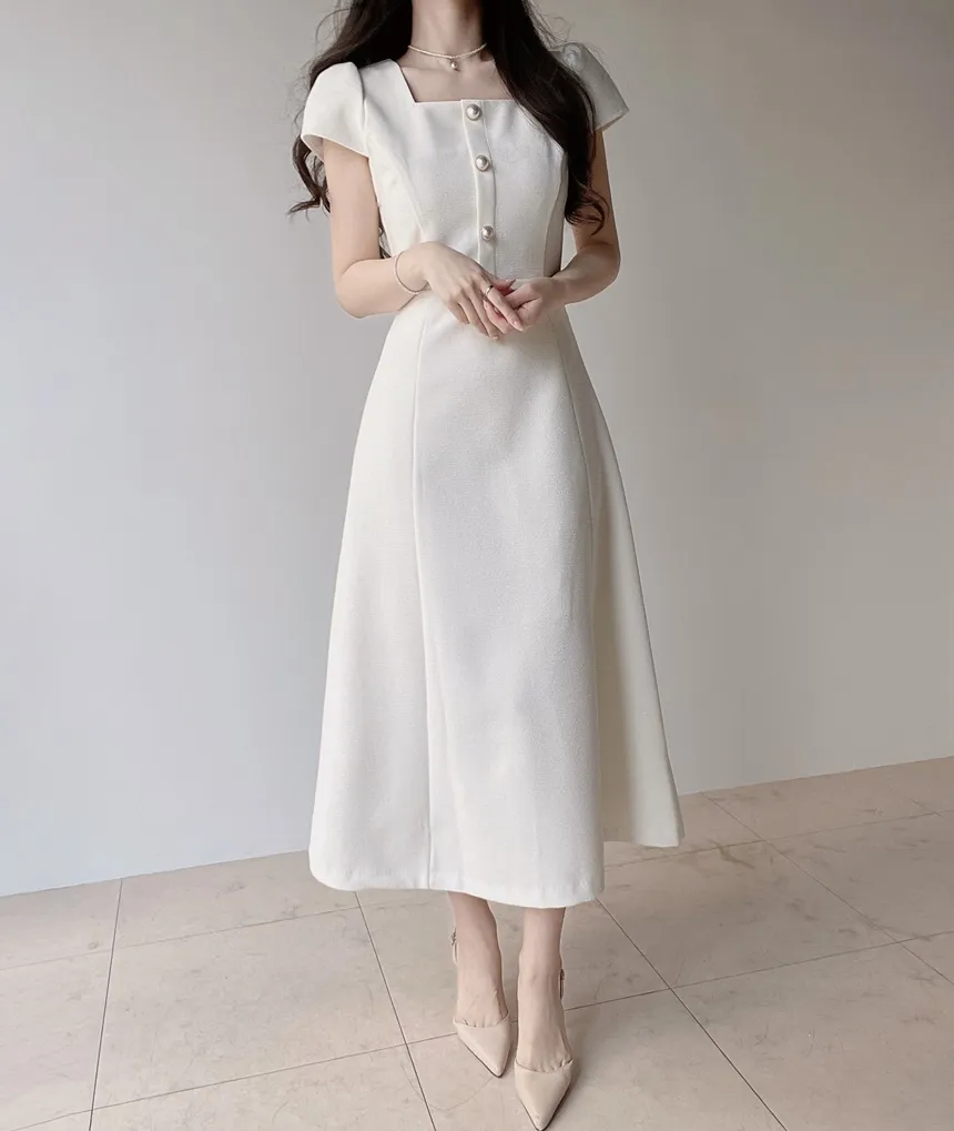 パール調ボタンパフスリーブロング半袖フレアワンピース | mirangmirang | 詳細画像12