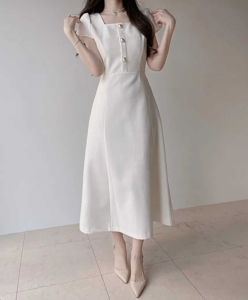 パール調ボタンパフスリーブロング半袖フレアワンピース | mirangmirang | 詳細画像13