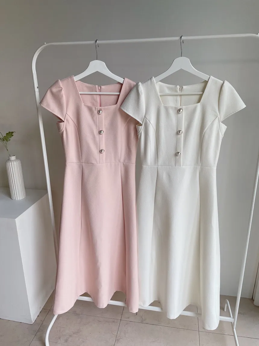 パール調ボタンパフスリーブロング半袖フレアワンピース | mirangmirang | 詳細画像16