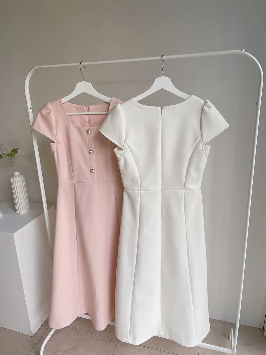 パール調ボタンパフスリーブロング半袖フレアワンピース | mirangmirang | 詳細画像18