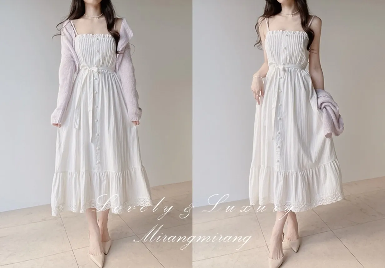 レースボタンストラップシャーリングフリルロングキャミワンピース | mirangmirang | 詳細画像1