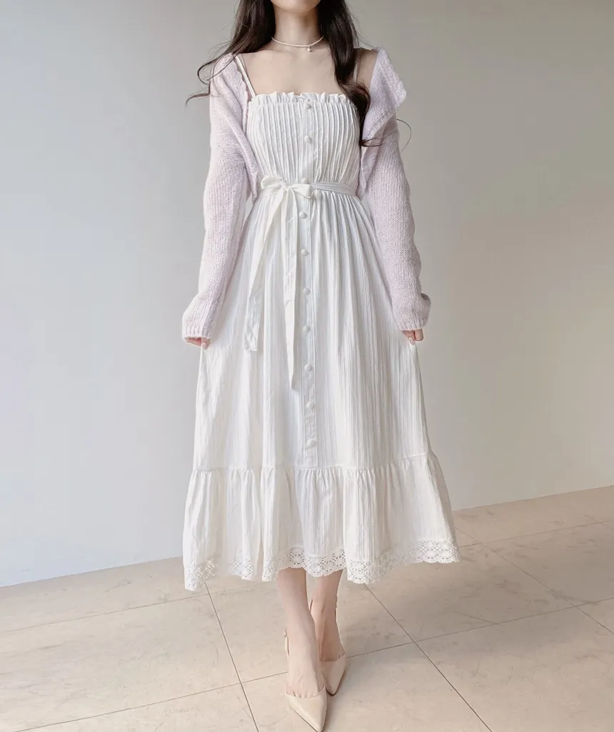 レースボタンストラップシャーリングフリルロングキャミワンピース | mirangmirang | 詳細画像2