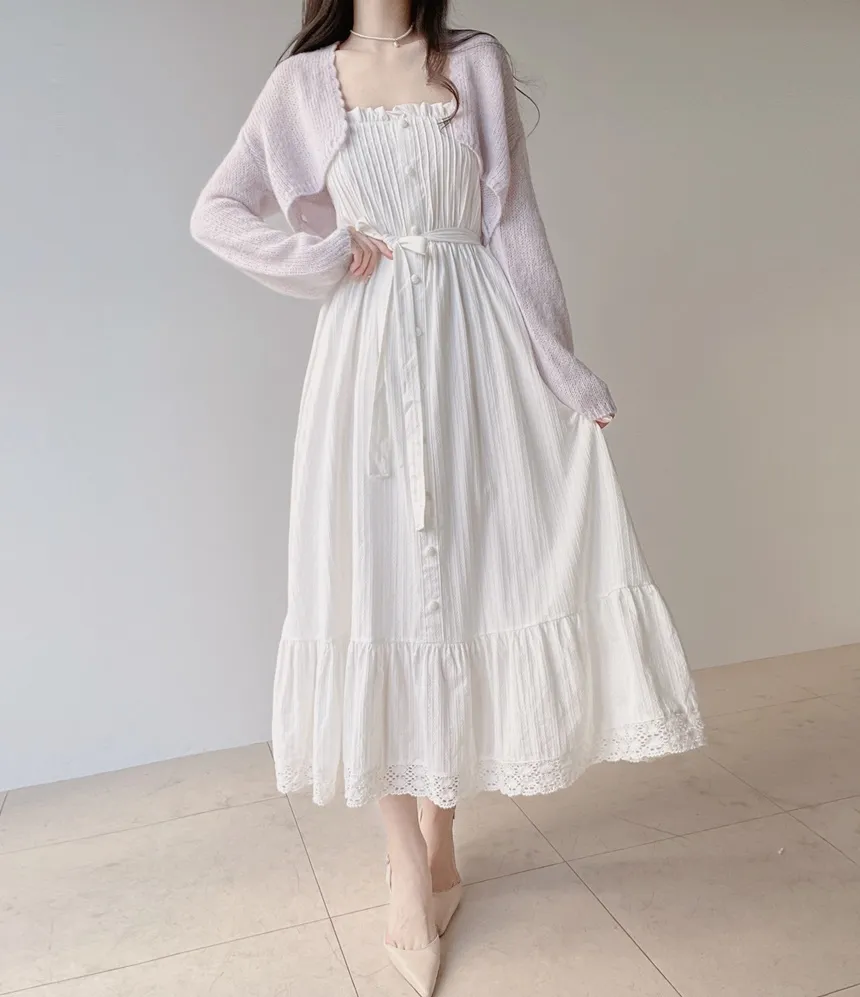 レースボタンストラップシャーリングフリルロングキャミワンピース | mirangmirang | 詳細画像3