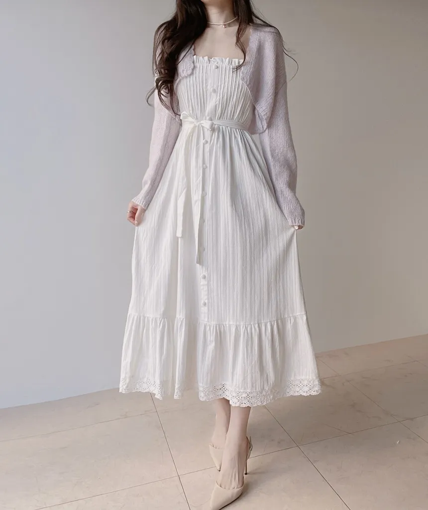 レースボタンストラップシャーリングフリルロングキャミワンピース | mirangmirang | 詳細画像4