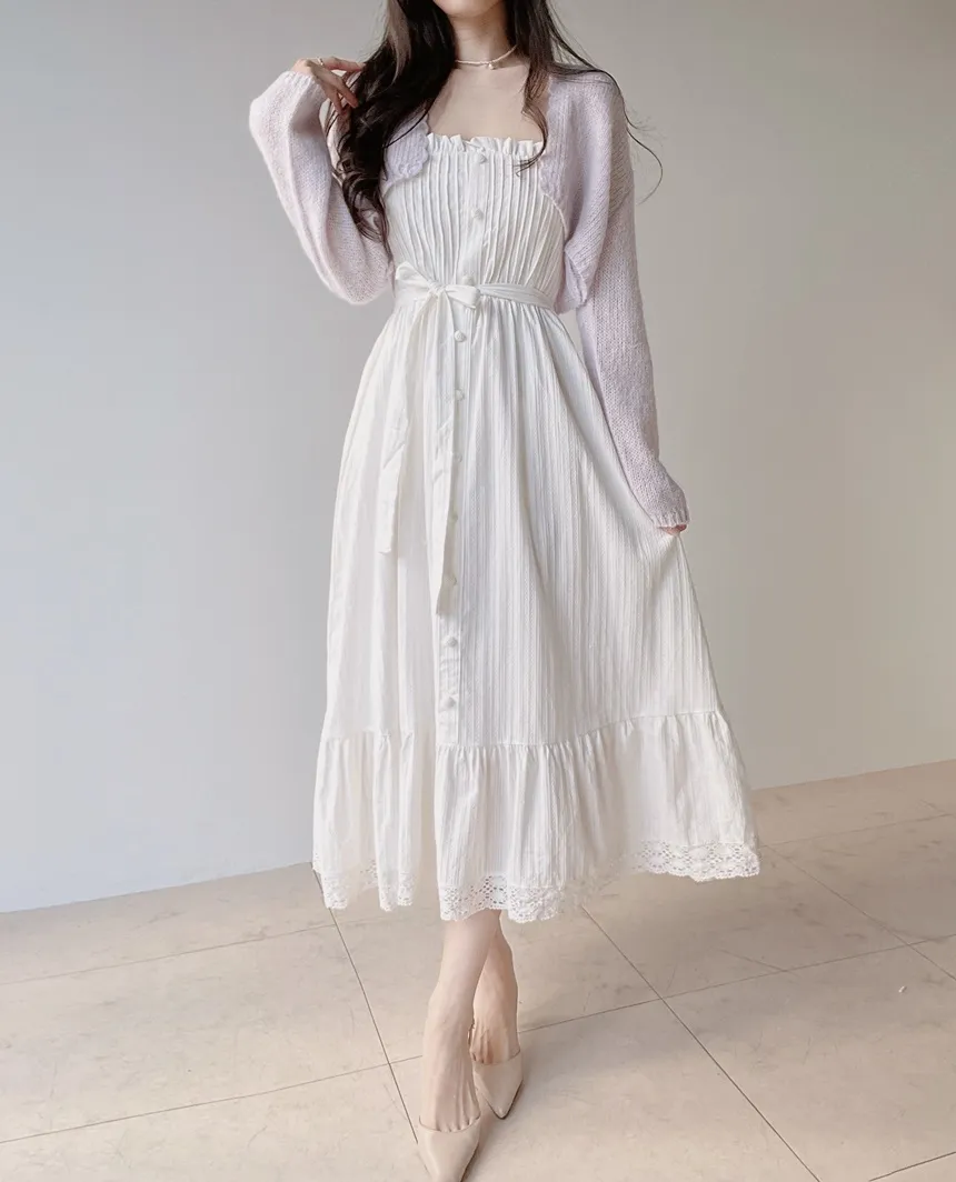 レースボタンストラップシャーリングフリルロングキャミワンピース | mirangmirang | 詳細画像5