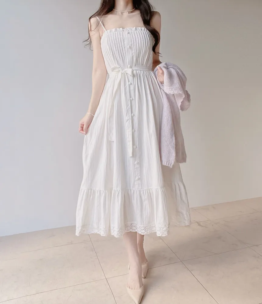 レースボタンストラップシャーリングフリルロングキャミワンピース | mirangmirang | 詳細画像10