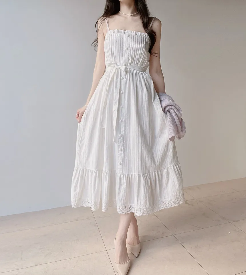 レースボタンストラップシャーリングフリルロングキャミワンピース | mirangmirang | 詳細画像11