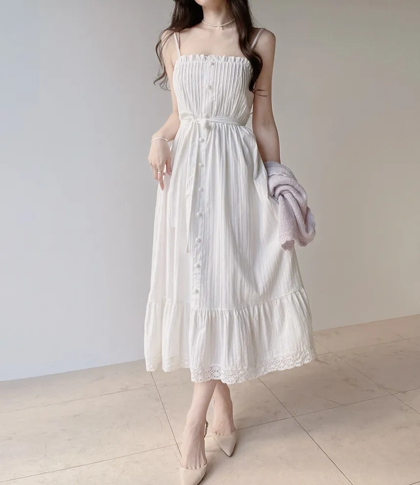 レースボタンストラップシャーリングフリルロングキャミワンピース | mirangmirang | 詳細画像12