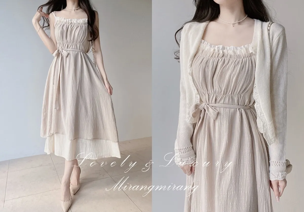 フリルロングフレアワンピースストラップ付 | mirangmirang | 詳細画像1