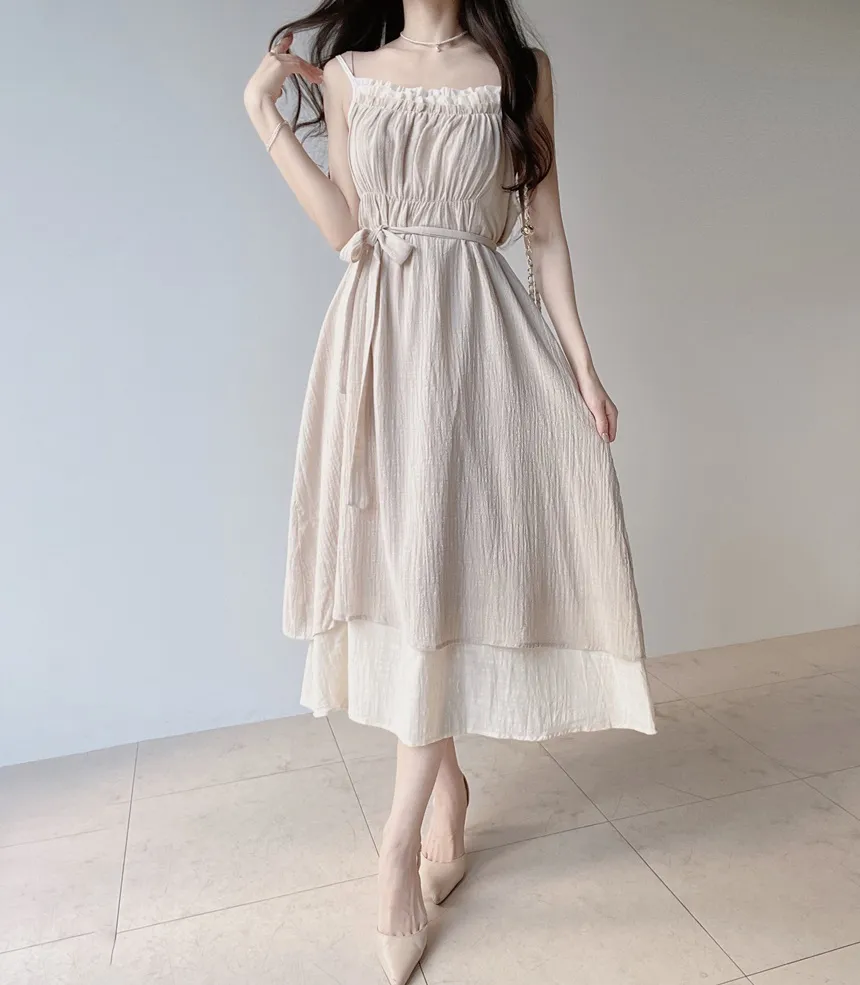 フリルロングフレアワンピースストラップ付 | mirangmirang | 詳細画像2