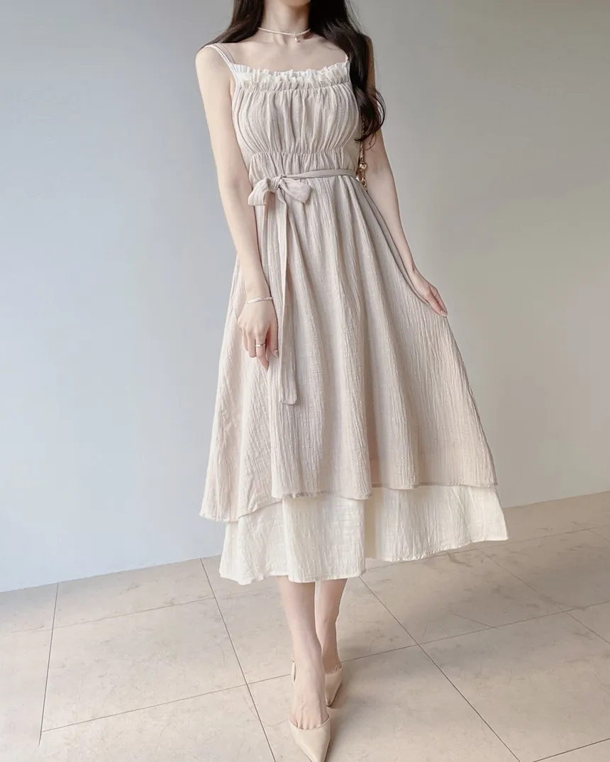 フリルロングフレアワンピースストラップ付 | mirangmirang | 詳細画像3