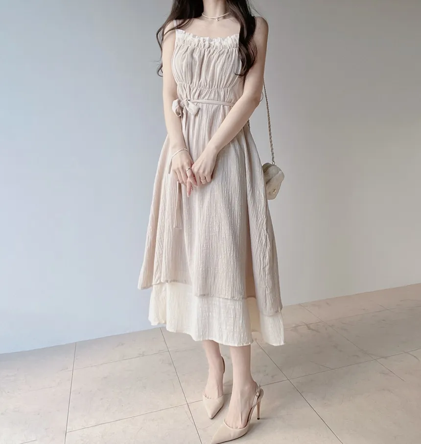 フリルロングフレアワンピースストラップ付 | mirangmirang | 詳細画像4