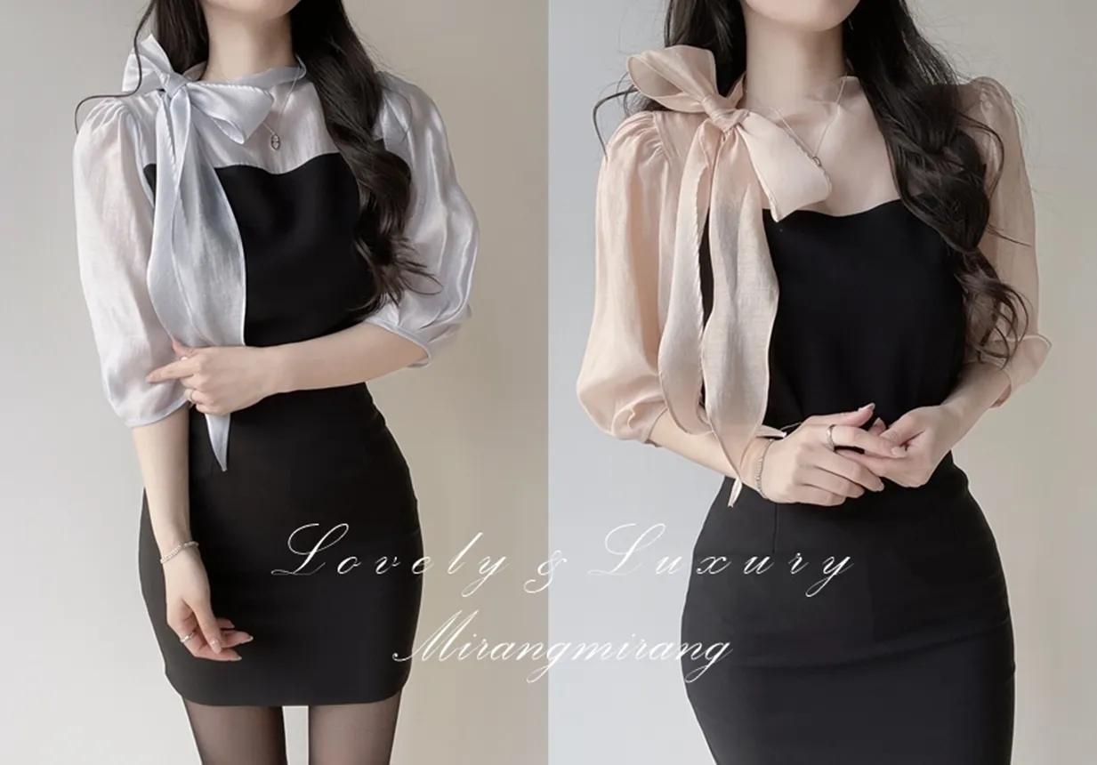 シースルーコンビ7分袖リボン(固定)ブラウス | mirangmirang | 詳細画像1