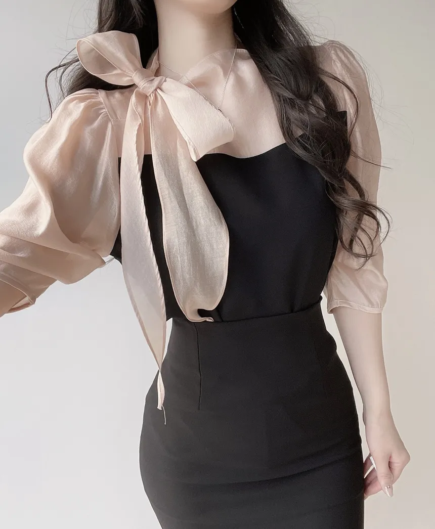 シースルーコンビ7分袖リボン(固定)ブラウス | mirangmirang | 詳細画像2