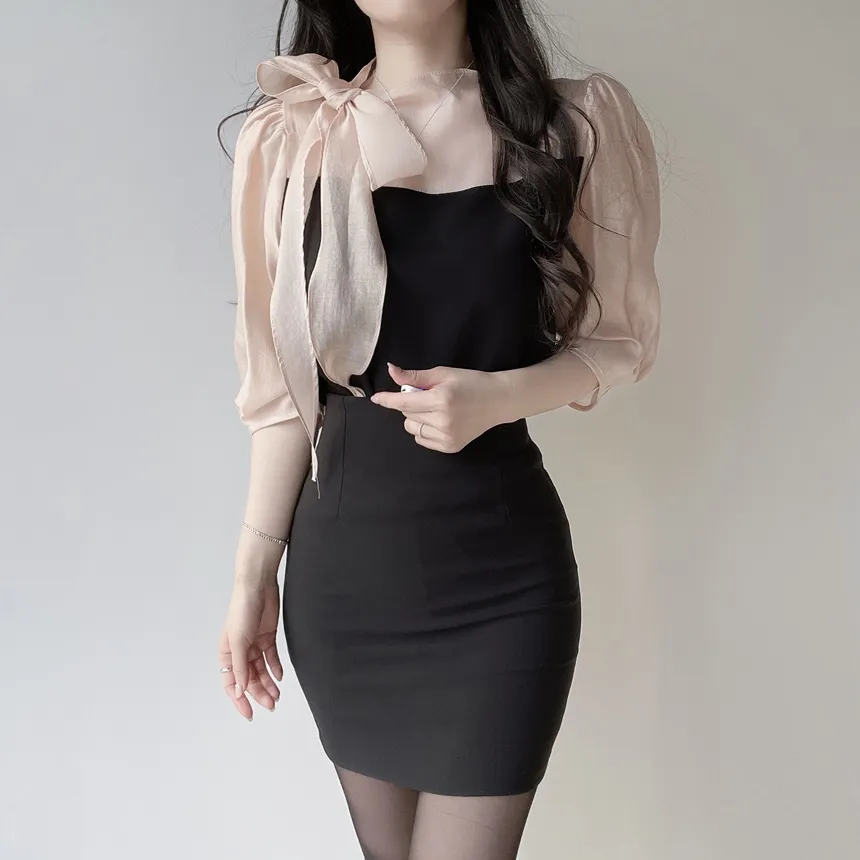 シースルーコンビ7分袖リボン(固定)ブラウス | mirangmirang | 詳細画像3