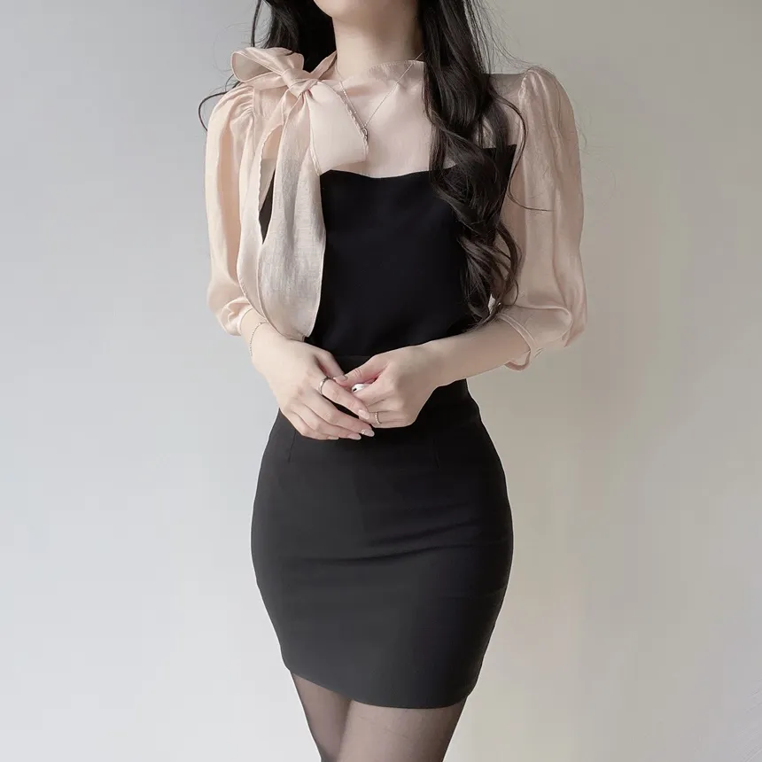 シースルーコンビ7分袖リボン(固定)ブラウス | mirangmirang | 詳細画像4