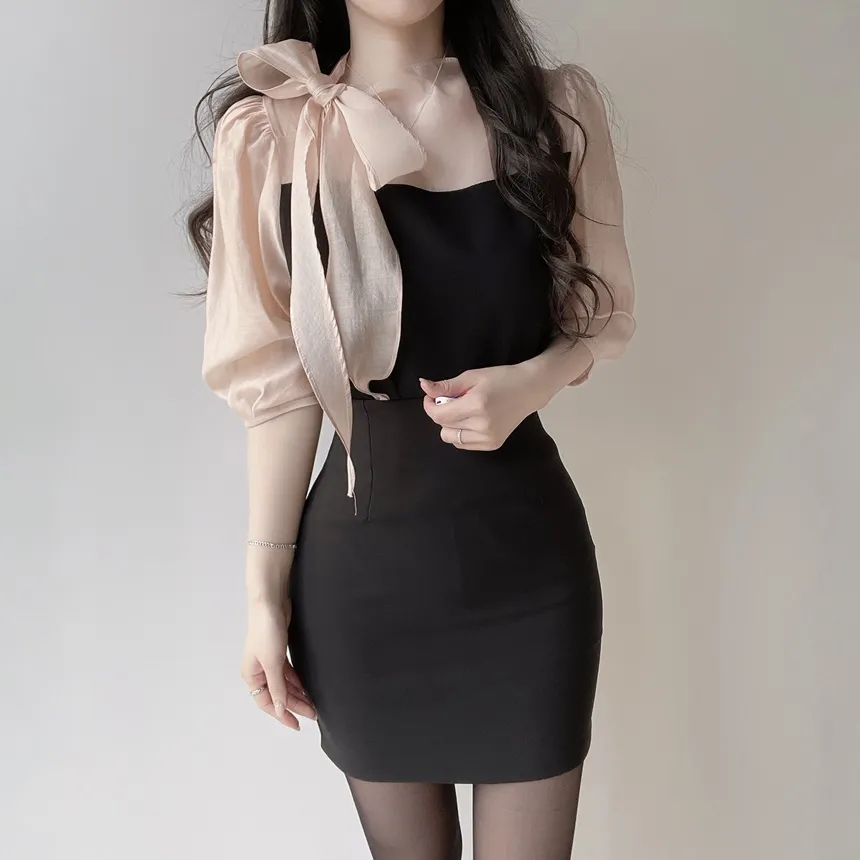 シースルーコンビ7分袖リボン(固定)ブラウス | mirangmirang | 詳細画像5