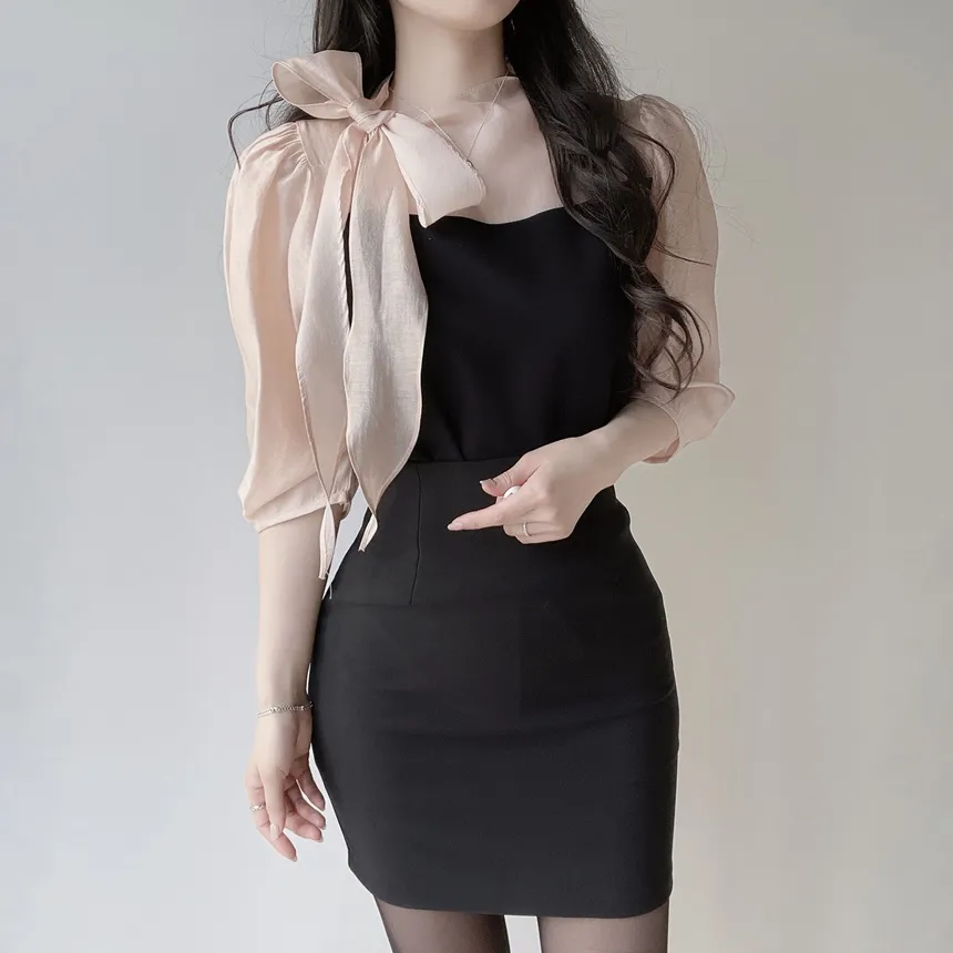 シースルーコンビ7分袖リボン(固定)ブラウス | mirangmirang | 詳細画像6