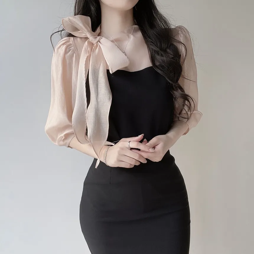 シースルーコンビ7分袖リボン(固定)ブラウス | mirangmirang | 詳細画像7