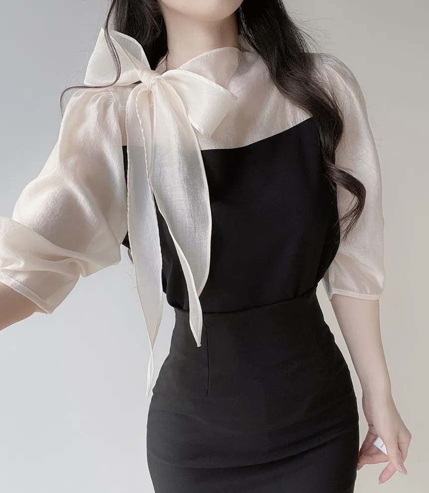 シースルーコンビ7分袖リボン(固定)ブラウス | mirangmirang | 詳細画像8