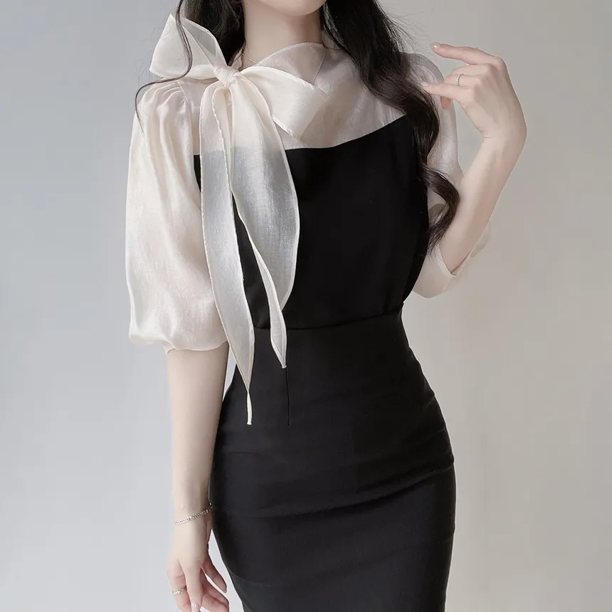 シースルーコンビ7分袖リボン(固定)ブラウス | mirangmirang | 詳細画像9