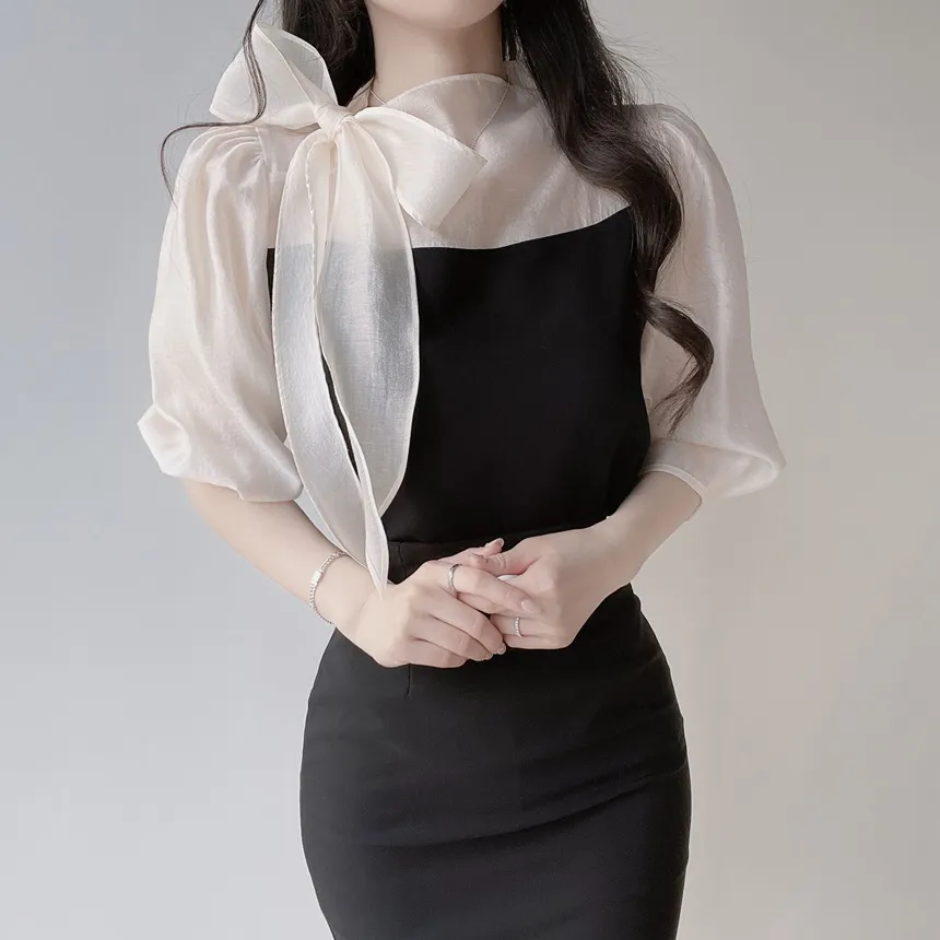 シースルーコンビ7分袖リボン(固定)ブラウス | mirangmirang | 詳細画像10