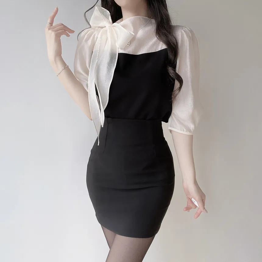 シースルーコンビ7分袖リボン(固定)ブラウス | mirangmirang | 詳細画像11