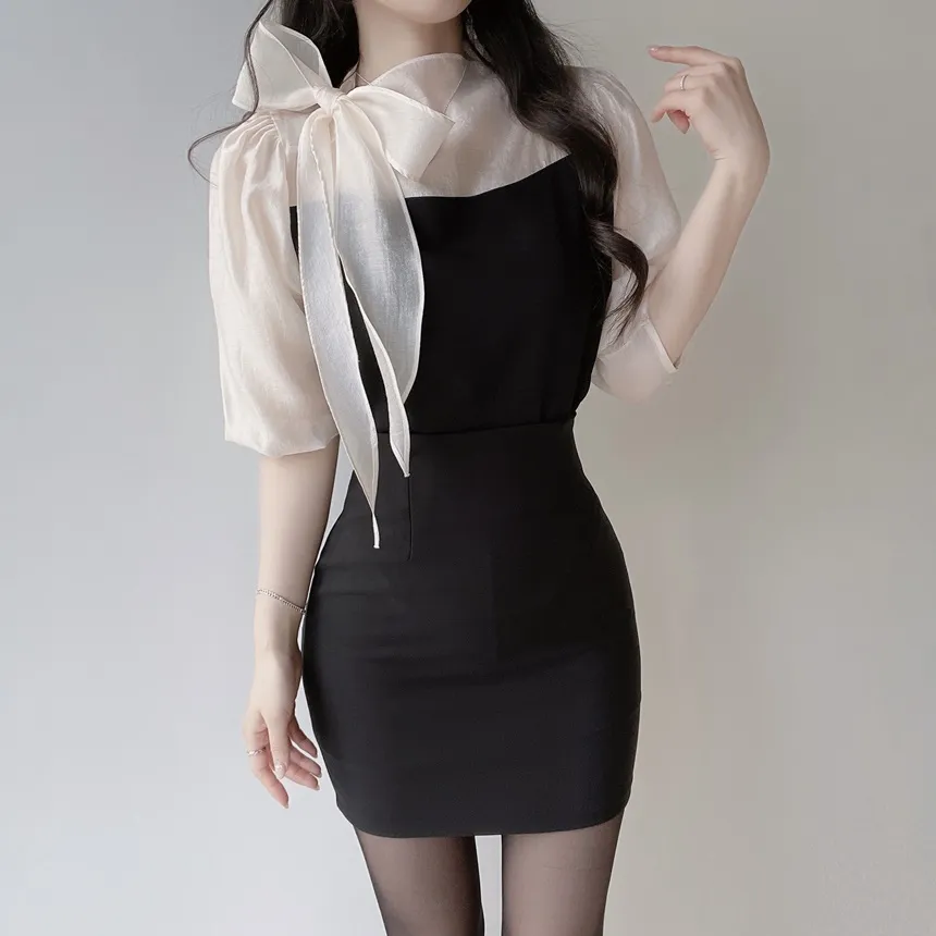 シースルーコンビ7分袖リボン(固定)ブラウス | mirangmirang | 詳細画像12