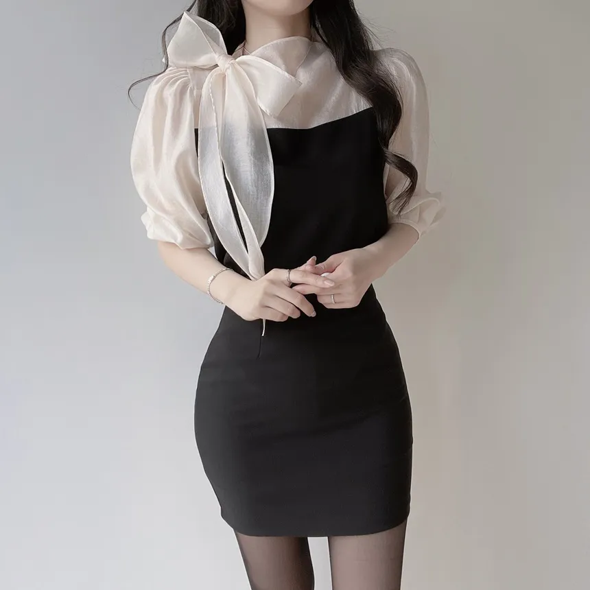 シースルーコンビ7分袖リボン(固定)ブラウス | mirangmirang | 詳細画像13