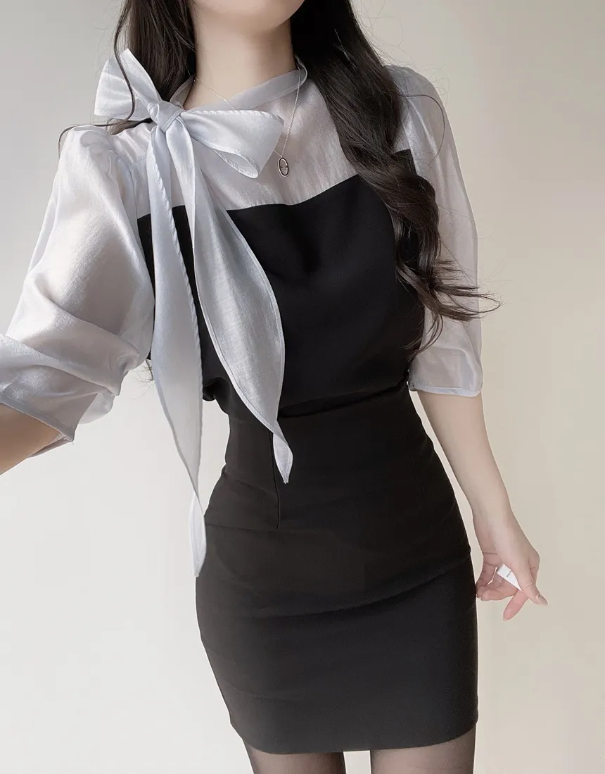 シースルーコンビ7分袖リボン(固定)ブラウス | mirangmirang | 詳細画像14