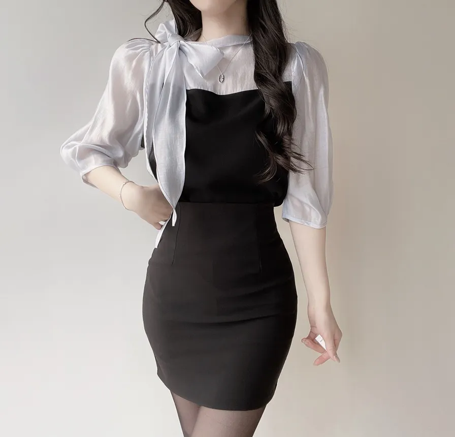 シースルーコンビ7分袖リボン(固定)ブラウス | mirangmirang | 詳細画像15