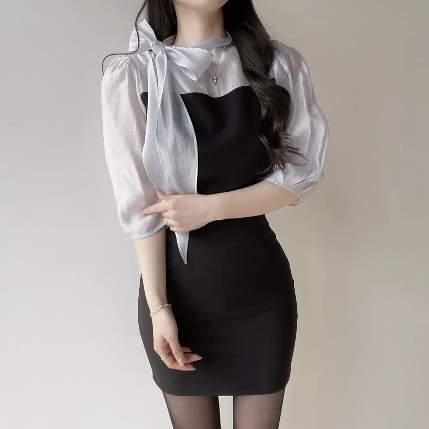 シースルーコンビ7分袖リボン(固定)ブラウス | mirangmirang | 詳細画像16