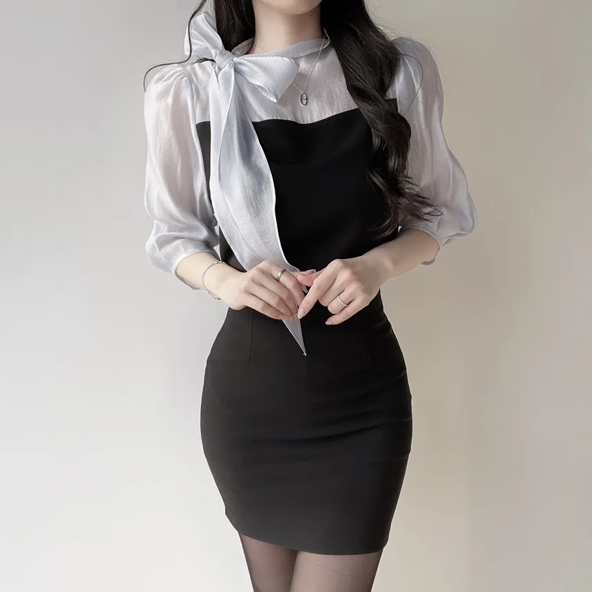 シースルーコンビ7分袖リボン(固定)ブラウス | mirangmirang | 詳細画像17