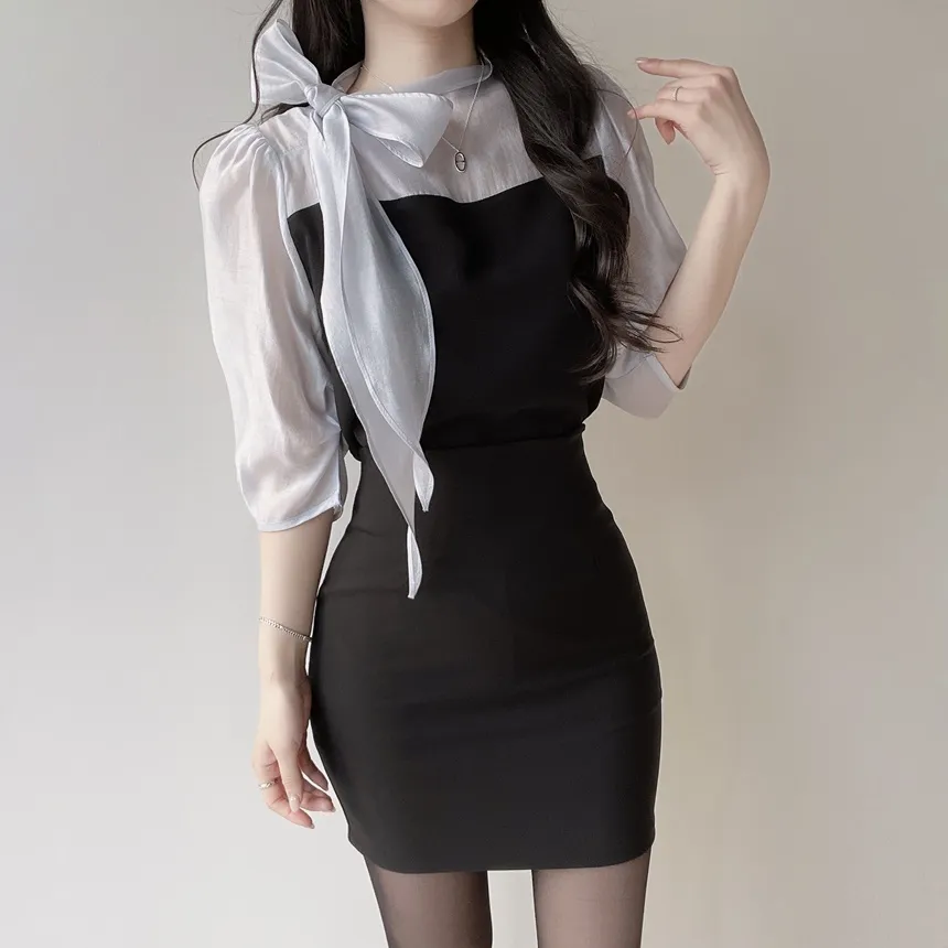 シースルーコンビ7分袖リボン(固定)ブラウス | mirangmirang | 詳細画像18