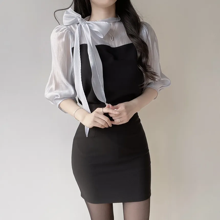 シースルーコンビ7分袖リボン(固定)ブラウス | mirangmirang | 詳細画像19