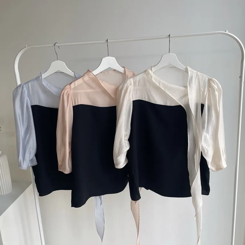 シースルーコンビ7分袖リボン(固定)ブラウス | mirangmirang | 詳細画像20