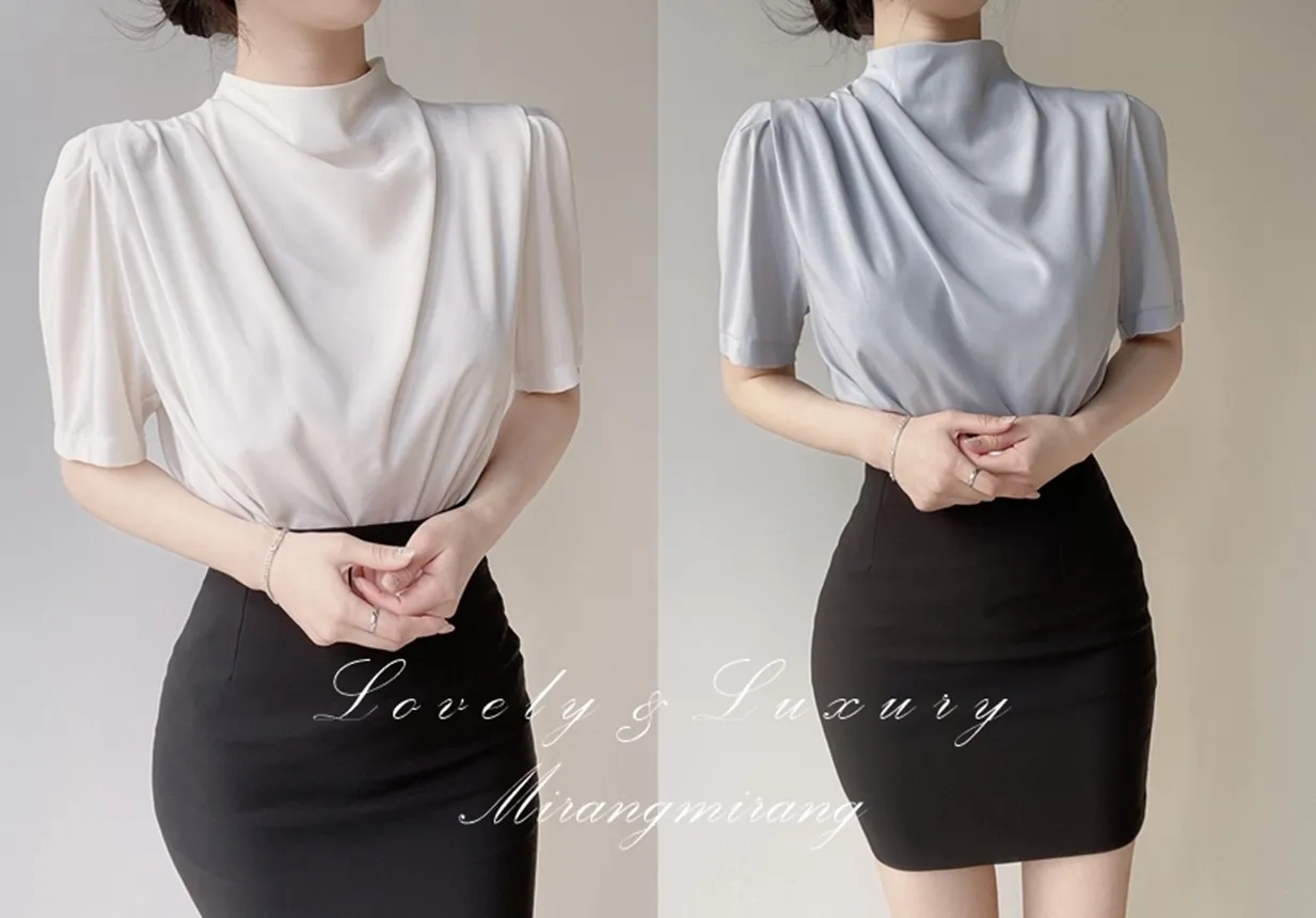 ハーフネックシャーリング半袖ブラウス | mirangmirang | 詳細画像1