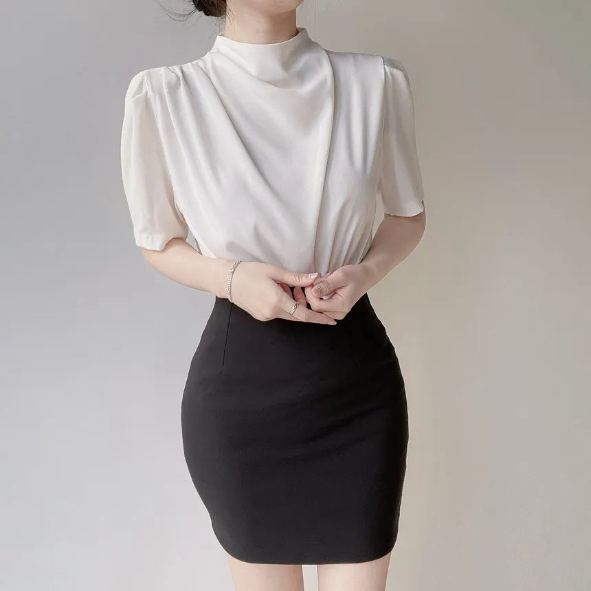 ハーフネックシャーリング半袖ブラウス | mirangmirang | 詳細画像3