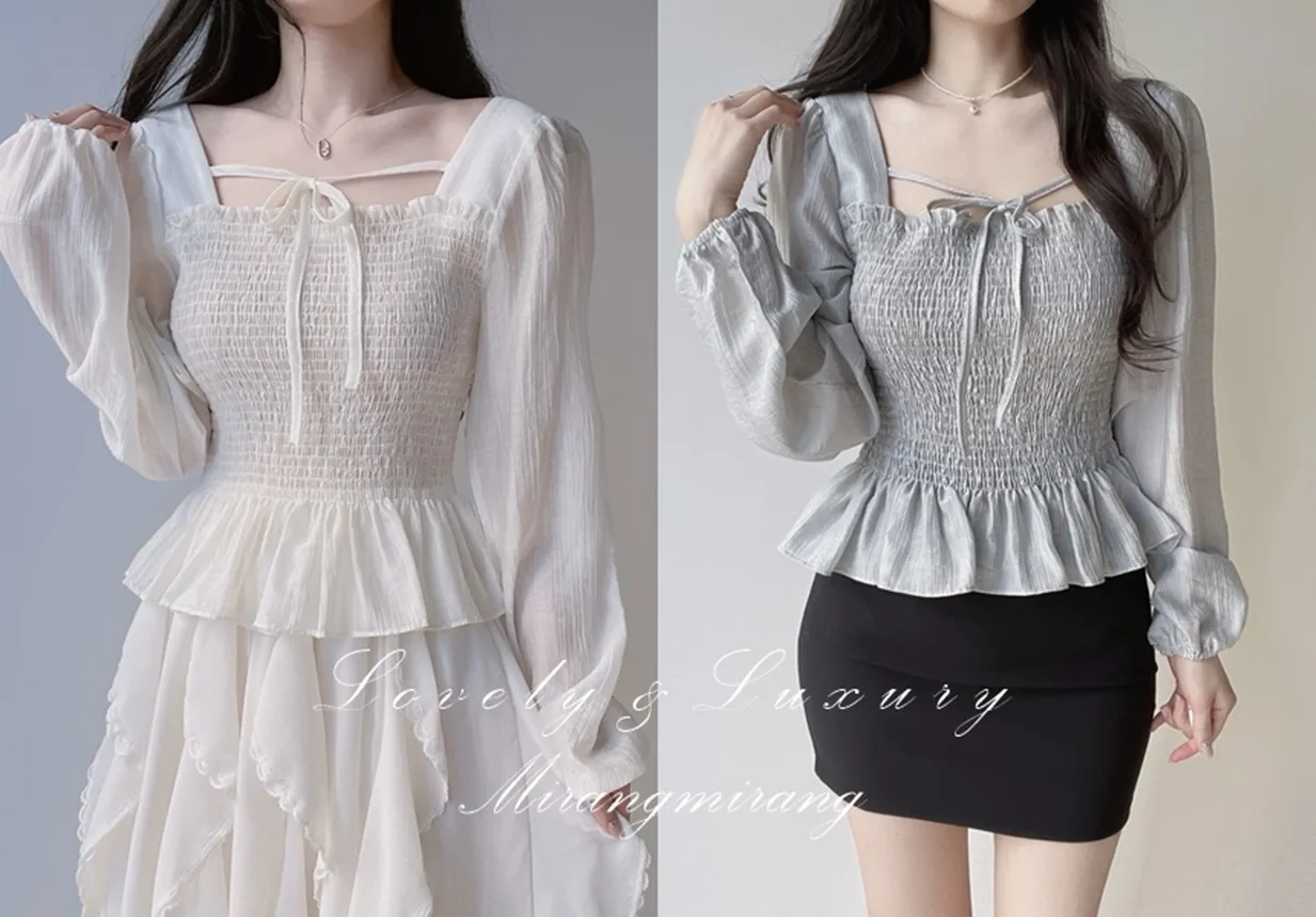 スクエアネックシャーリングドローストリングフリルブラウス | mirangmirang | 詳細画像1