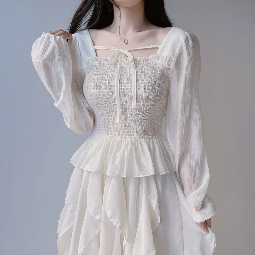 スクエアネックシャーリングドローストリングフリルブラウス | mirangmirang | 詳細画像2