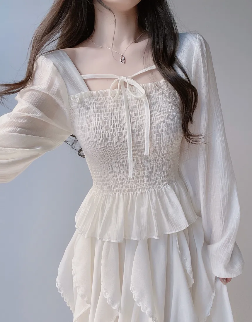 スクエアネックシャーリングドローストリングフリルブラウス | mirangmirang | 詳細画像7