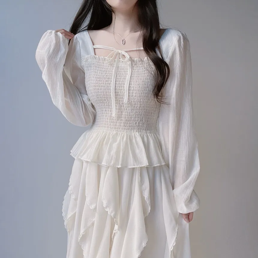 スクエアネックシャーリングドローストリングフリルブラウス | mirangmirang | 詳細画像8