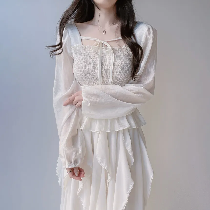 スクエアネックシャーリングドローストリングフリルブラウス | mirangmirang | 詳細画像9