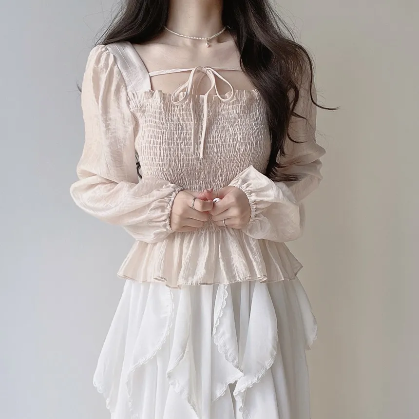 スクエアネックシャーリングドローストリングフリルブラウス | mirangmirang | 詳細画像23