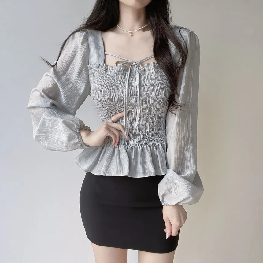 スクエアネックシャーリングドローストリングフリルブラウス | mirangmirang | 詳細画像25