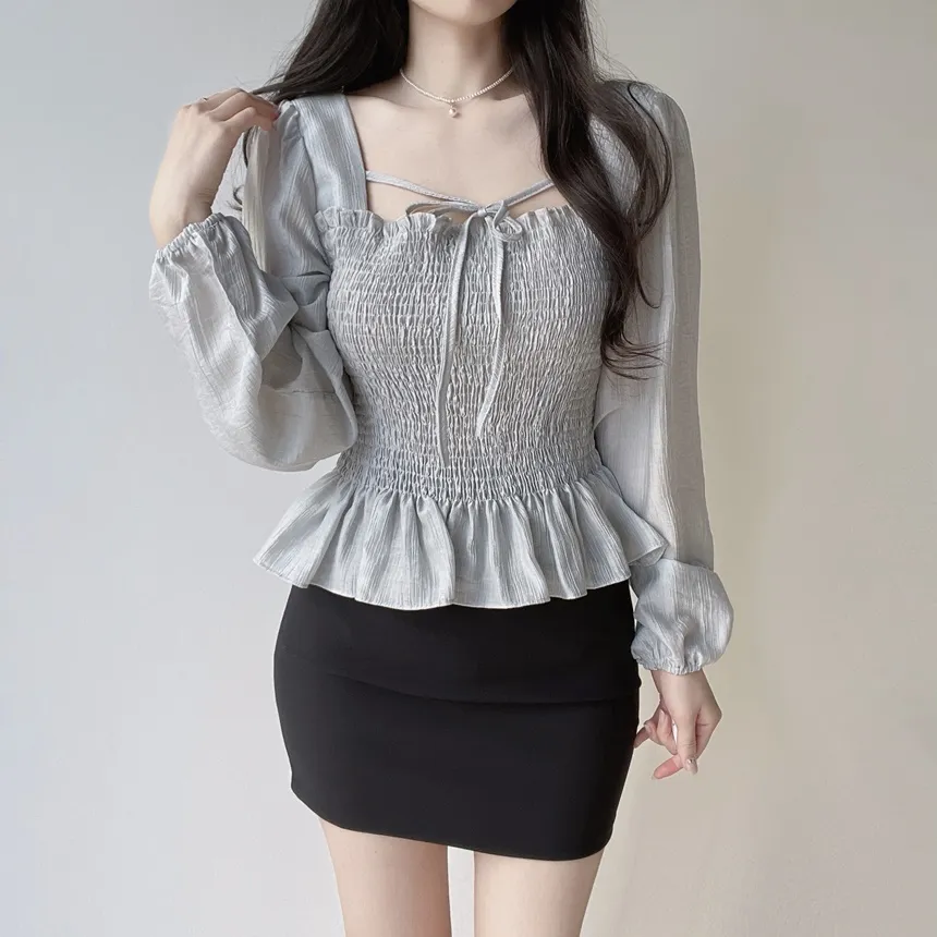 スクエアネックシャーリングドローストリングフリルブラウス | mirangmirang | 詳細画像26