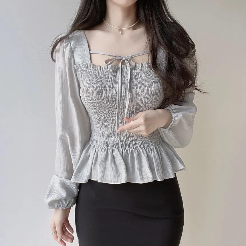 スクエアネックシャーリングドローストリングフリルブラウス | mirangmirang | 詳細画像28