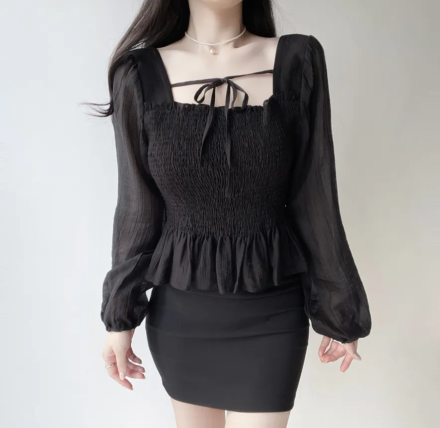 スクエアネックシャーリングドローストリングフリルブラウス | mirangmirang | 詳細画像31