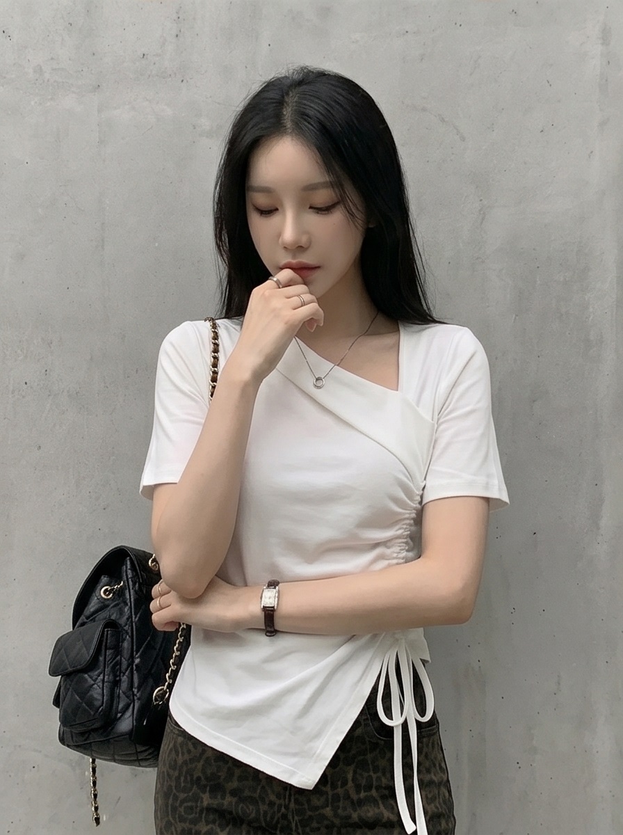 シャーリングドローストリングスリムアンバランス半袖無地Tシャツ | 詳細画像3